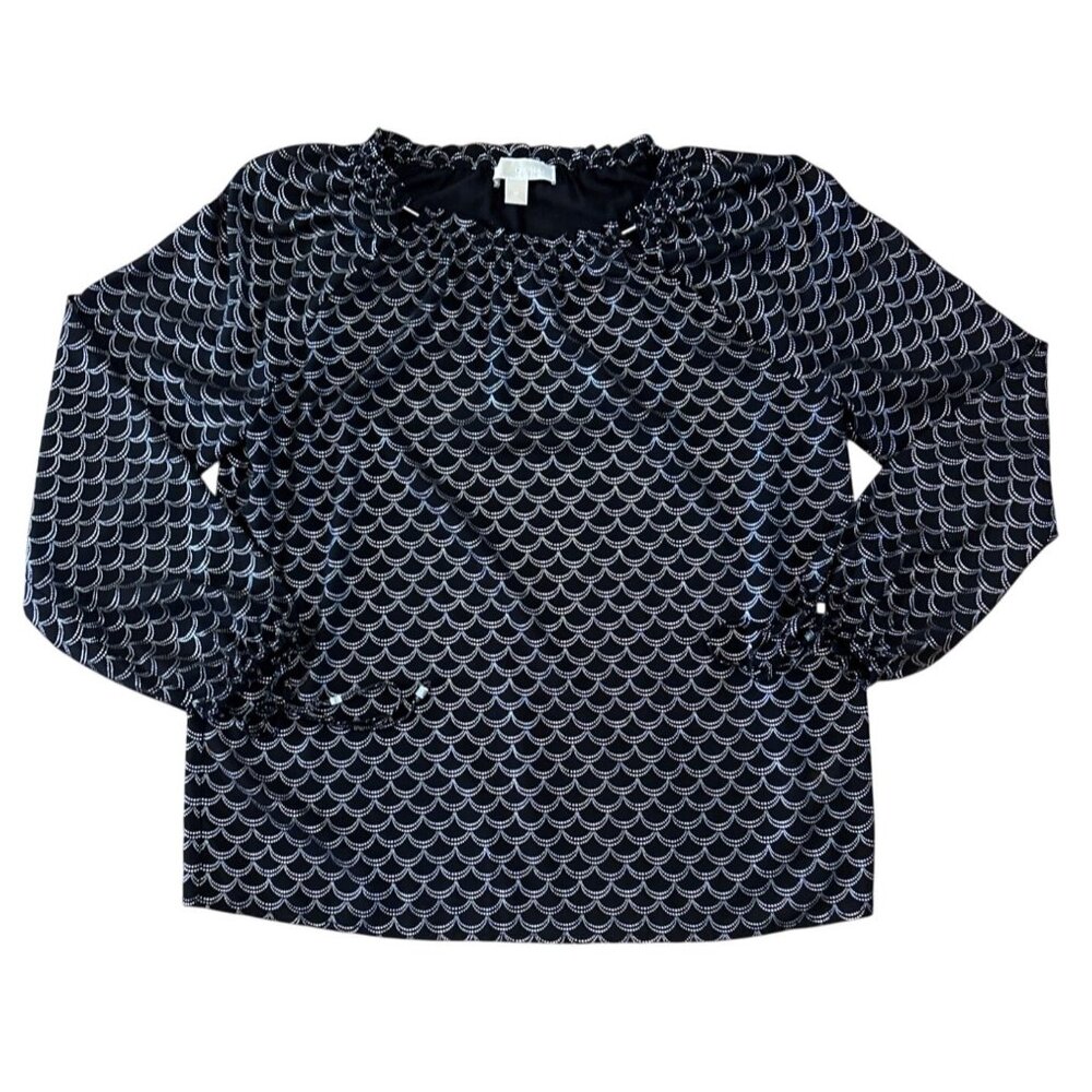 Michael Kors Print Blouse Womens Med Long Sleeve Black Silver Scallop Polyester